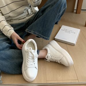2026 Autumn New Genuine Leather Simple Style Thick Sole White Sneakers Casual Sports Board Shoes Student Shoes